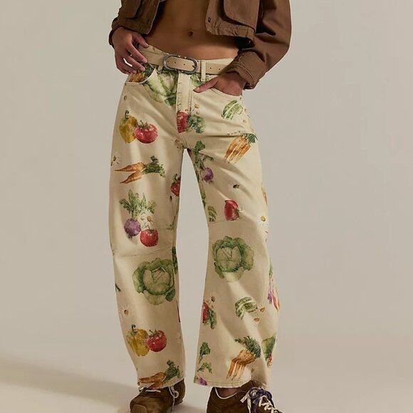 We The Free Good Luck Printed Barrel Jeans Color: Garden Combo - Veggies - Picture 1 of 4